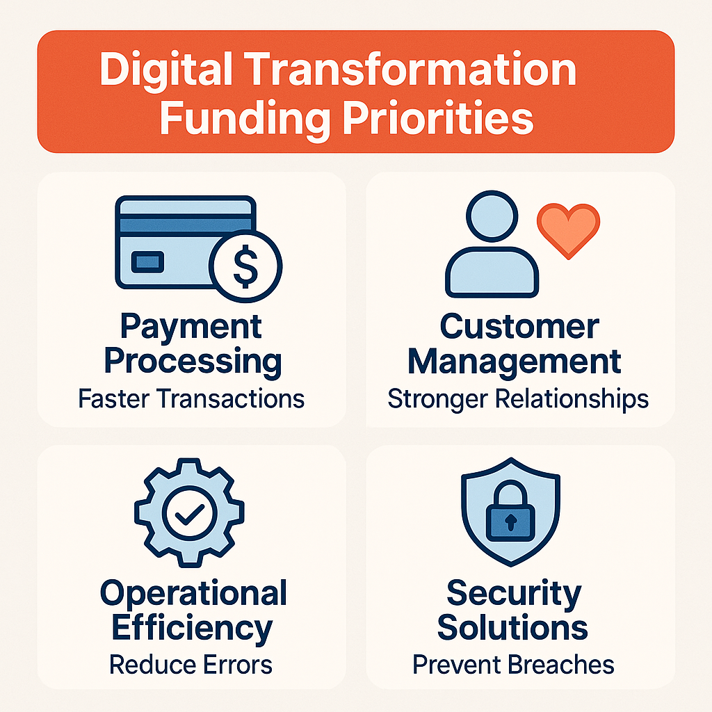 Key funding priorities for digital transformation include payment processing, customer management, operational efficiency, and security solutions.