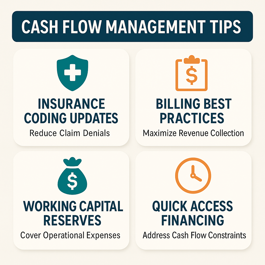 Tips for managing cash flow during insurance delays including coding updates, billing practices, reserves, and financing options.