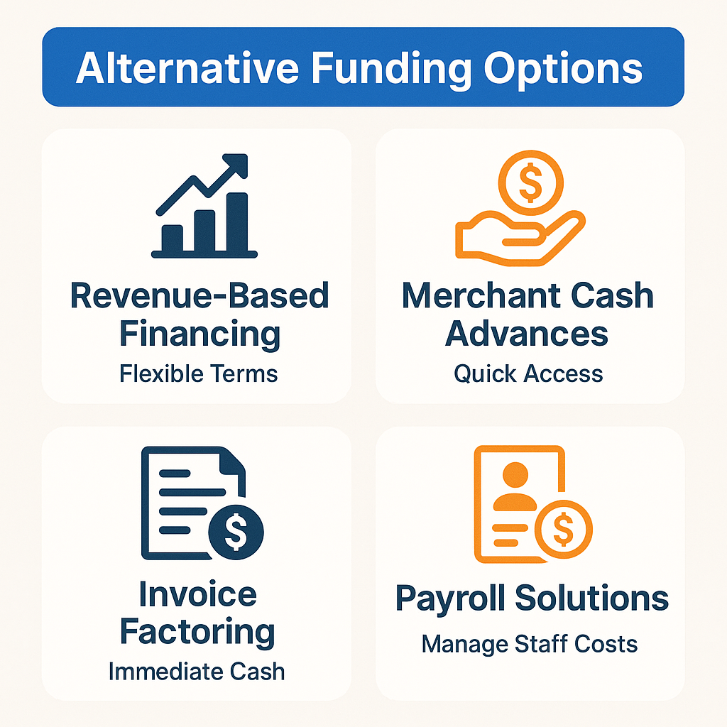 Alternative funding options for healthcare cash flow include revenue-based financing, merchant cash advances, invoice factoring, and payroll solutions.