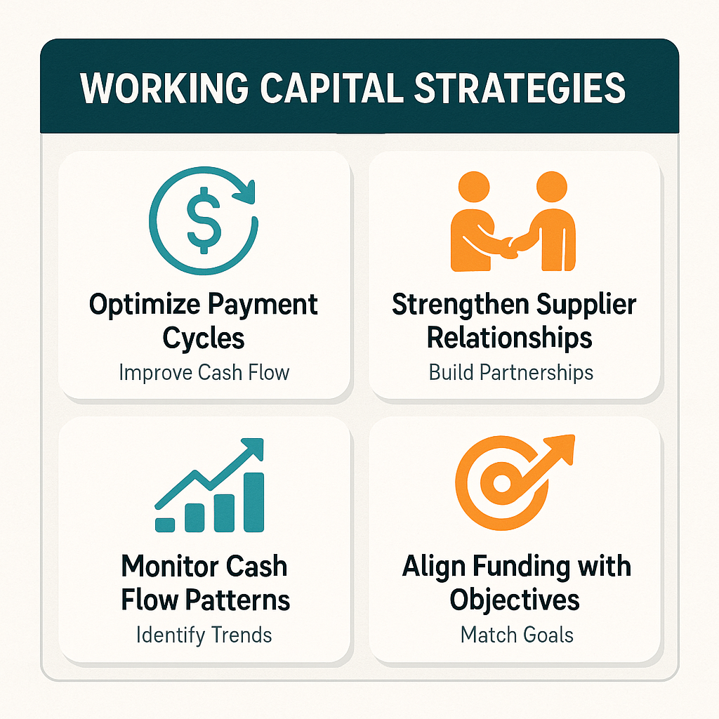 Working capital strategies including optimize payment cycles, strengthen supplier relationships, monitor cash flow patterns, align funding with objectives.
