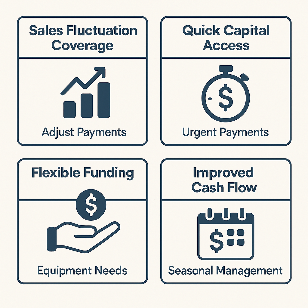 Key benefits of revenue-based financing for tire shops include sales fluctuation coverage, quick capital access, flexible funding, and improved cash flow.