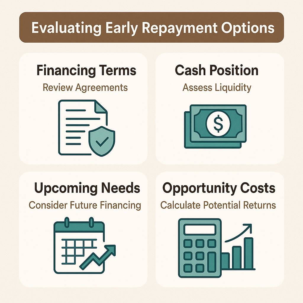 Key steps for evaluating early repayment options including financing terms, cash position, upcoming needs, and opportunity costs.