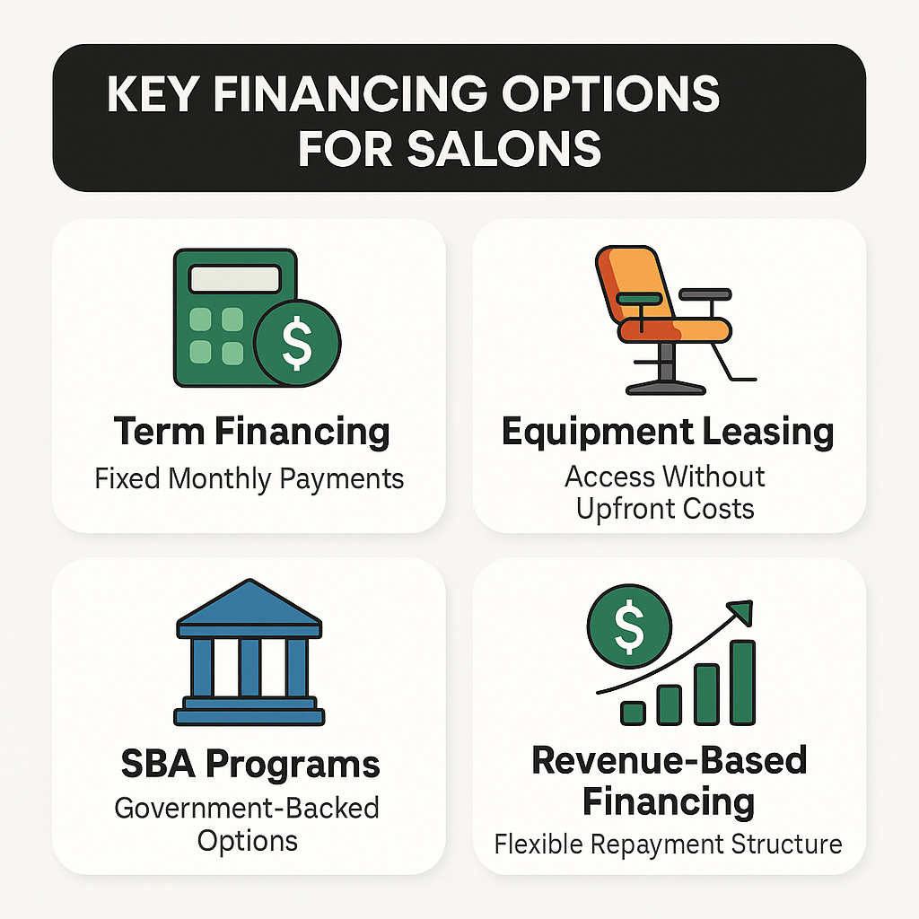 Overview of financing options for beauty businesses including term financing, leasing, SBA programs, and revenue-based financing.