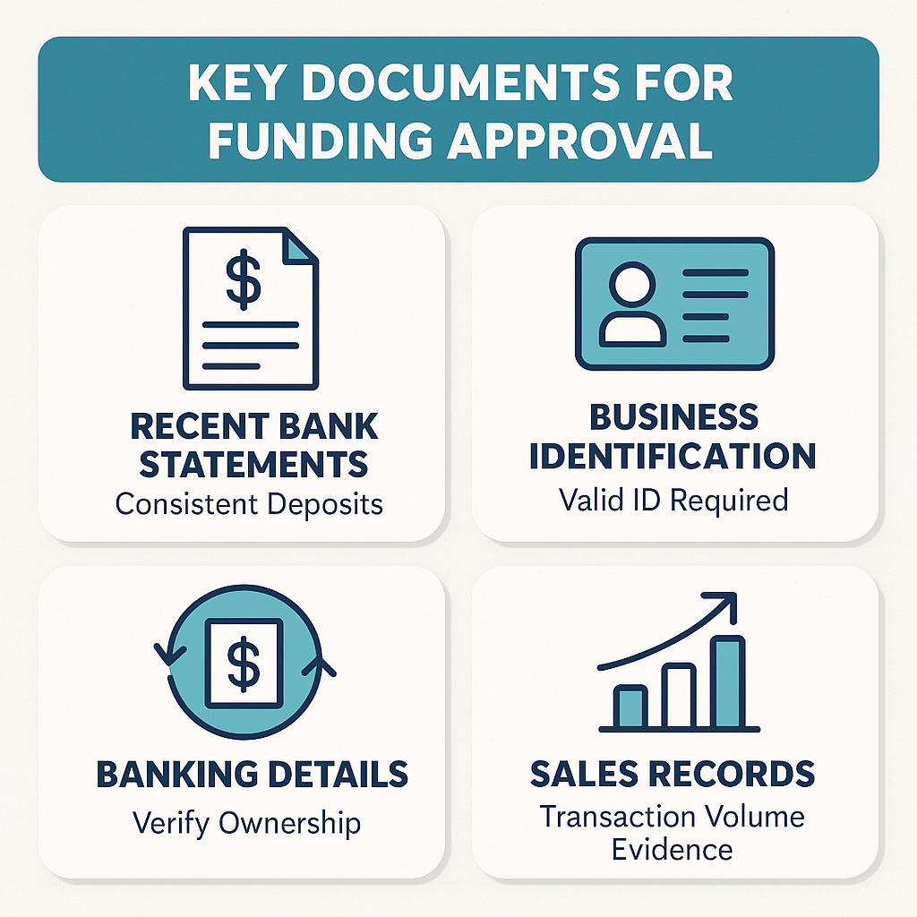 Key documents for funding approval include bank statements, business ID, banking details, and sales records for eligibility.