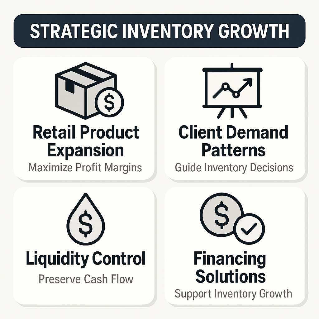Visualizing strategic inventory growth with retail product expansion, client demand patterns, liquidity control, and financing solutions.