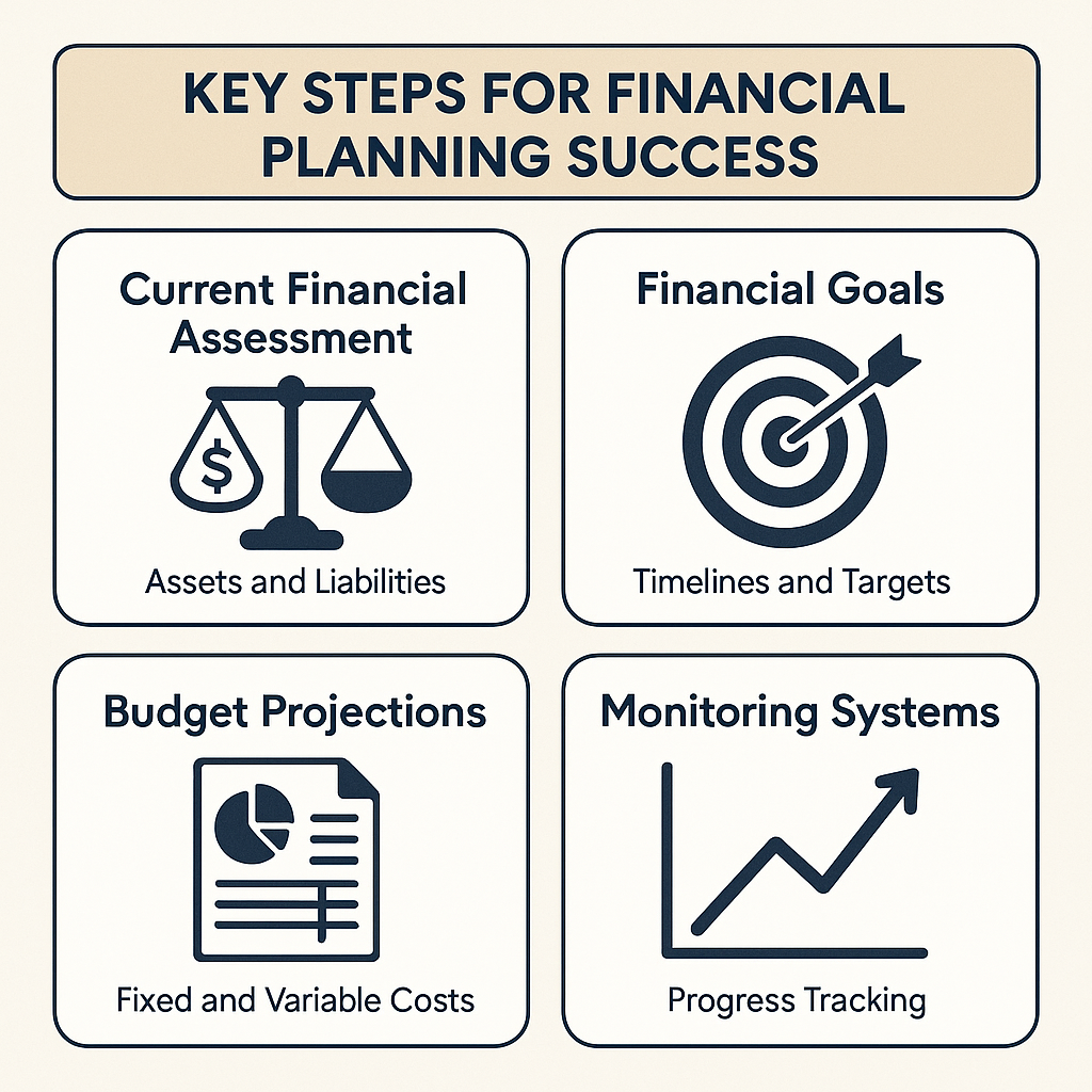 Key steps for financial planning success including assessment, goals, budget projections, and monitoring systems.