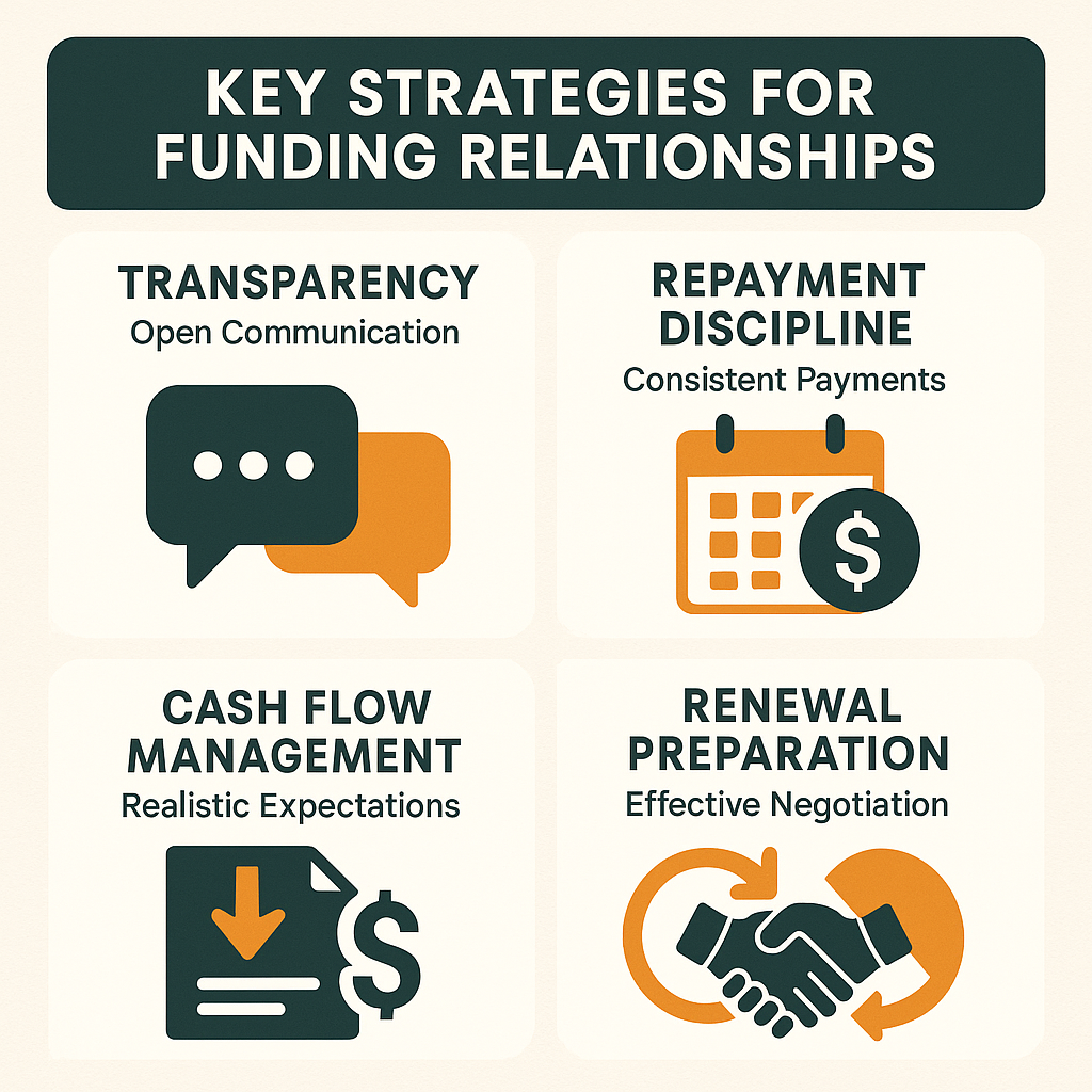Key strategies for maintaining funding relationships include transparency, repayment discipline, cash flow management, and renewal preparation.