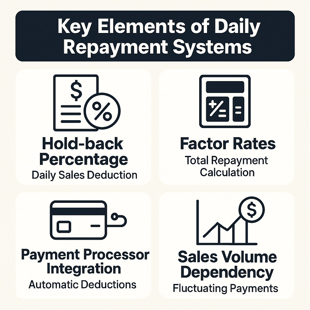 Daily repayment systems include hold-back percentage, factor rates, payment processor integration, and sales volume dependency.