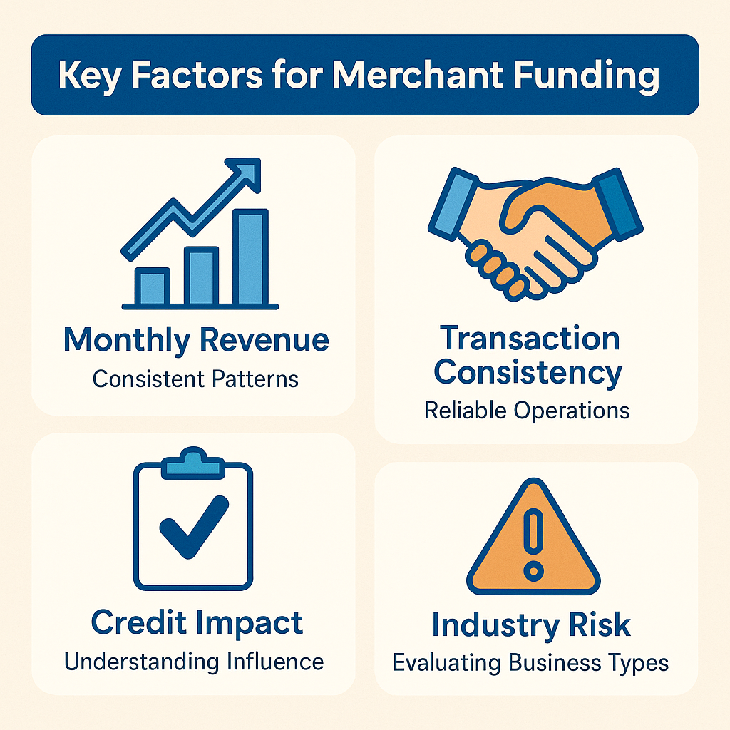 Key factors for merchant funding include monthly revenue, transaction consistency, credit impact, and industry risk evaluation.