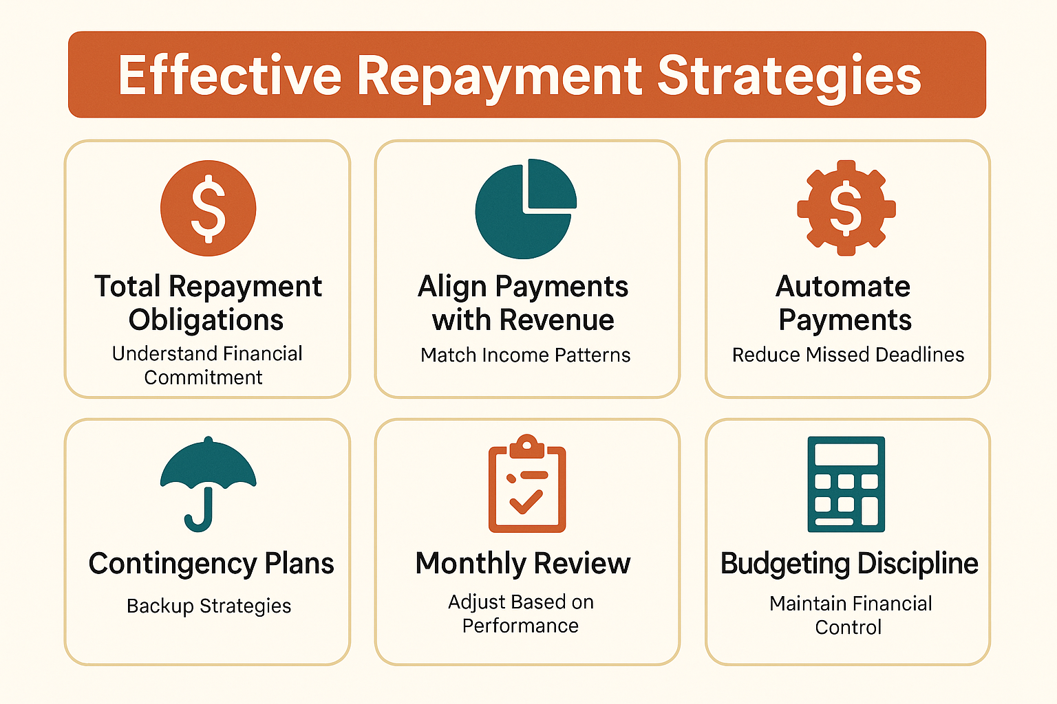 Total repayment obligations, aligning payments, automating systems, contingency plans, monthly review, budgeting discipline
