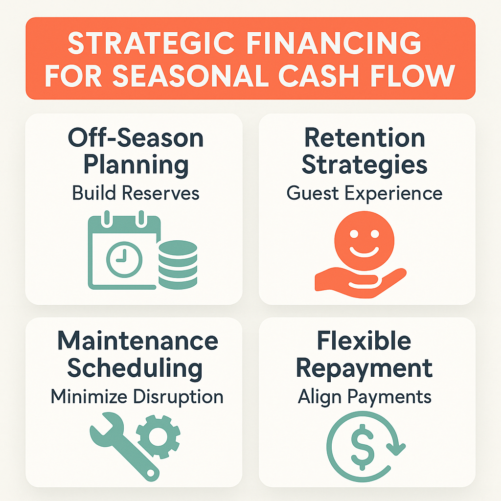 Key strategies for managing seasonal cash flow include planning off-season expenses, investing in retention, scheduling maintenance, and flexible repayment.