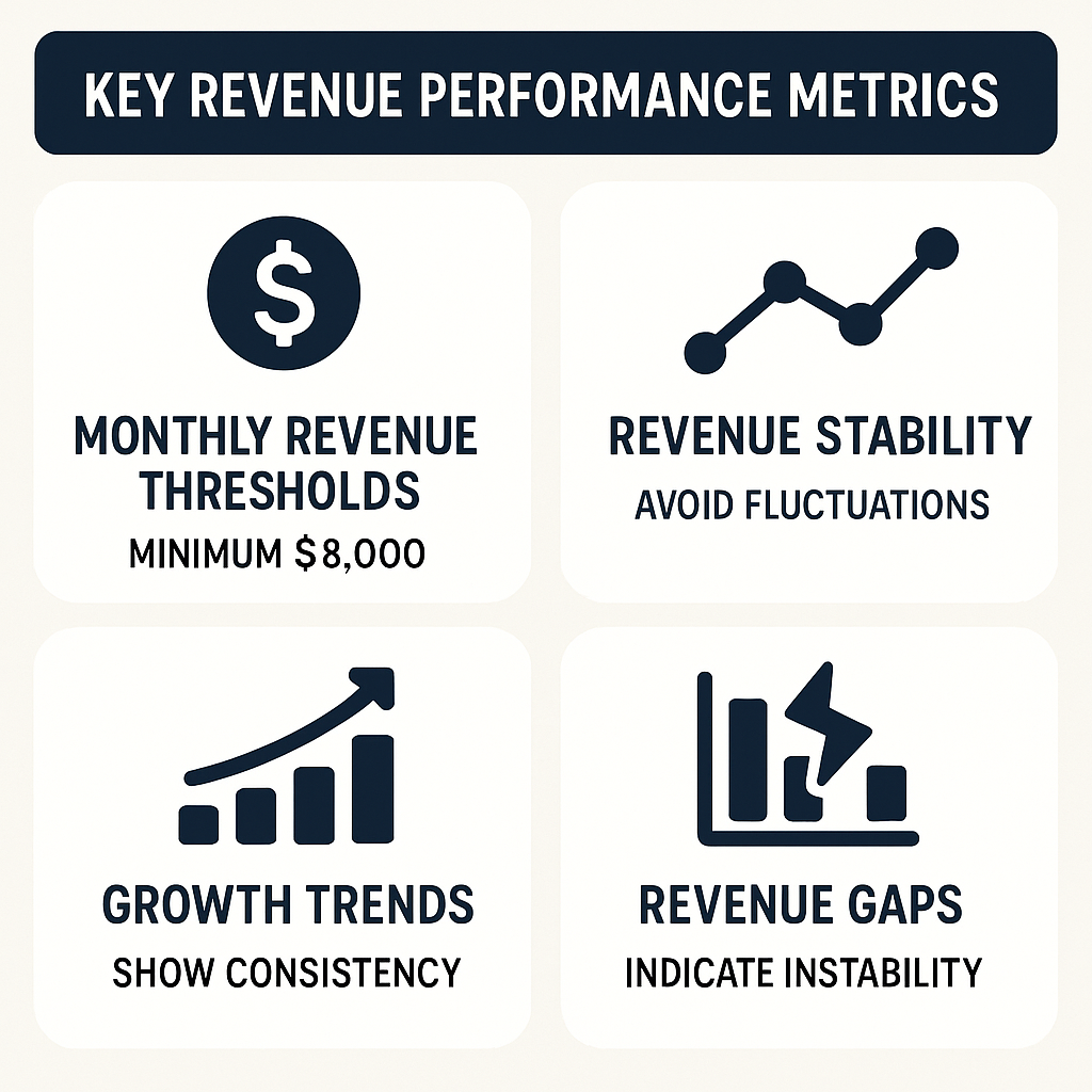 Key metrics for revenue performance include minimum monthly revenue, stability, growth trends, and avoiding revenue gaps.