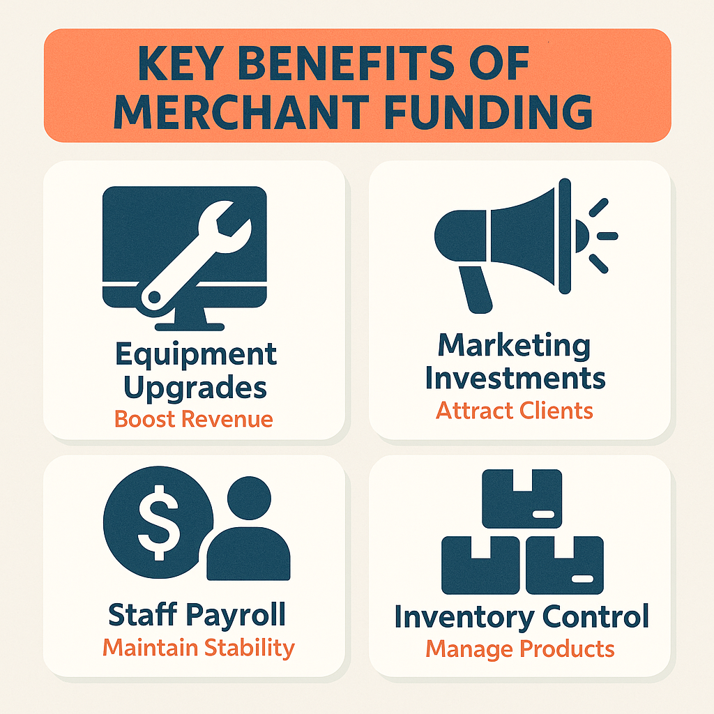 Merchant funding benefits for beauty salons include equipment upgrades, marketing investments, staff payroll management, and inventory control.