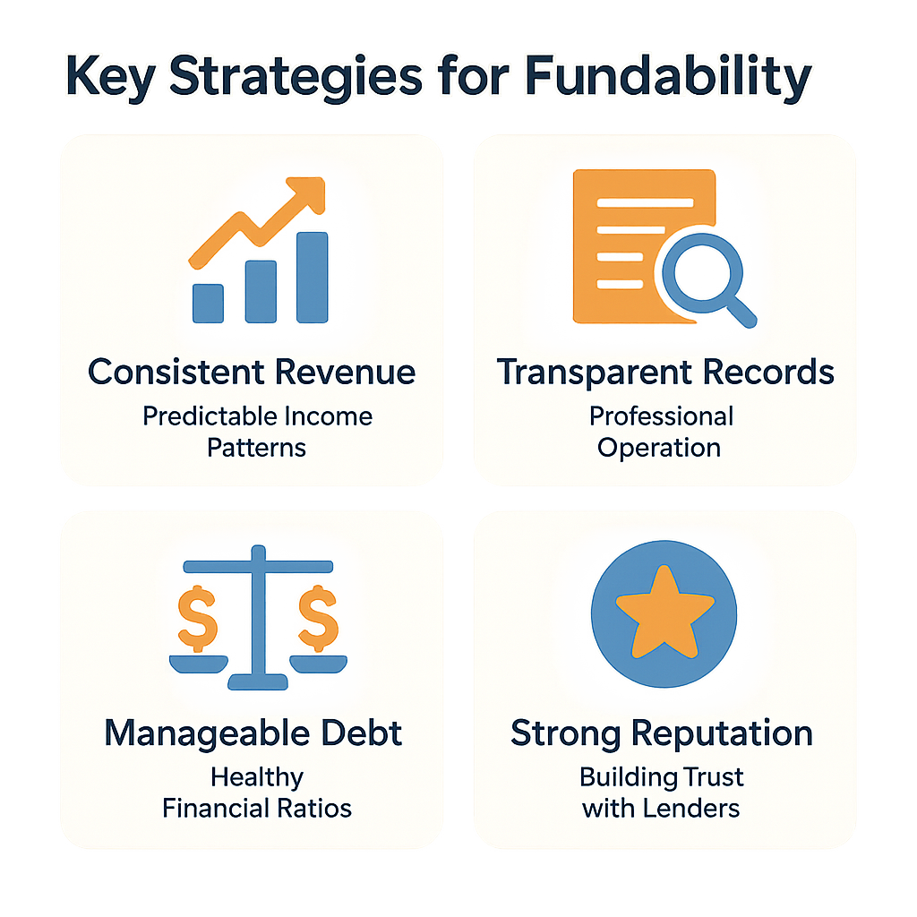 Key strategies for making your business more fundable include consistent revenue, transparent records, manageable debt, and strong reputation.