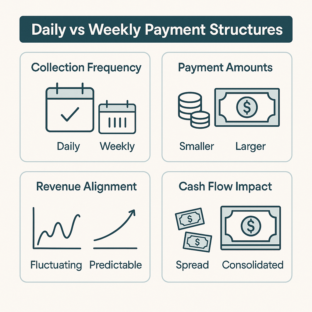 Comparison of daily and weekly payment structures focusing on collection frequency, payment amounts, revenue alignment, and cash flow impact.