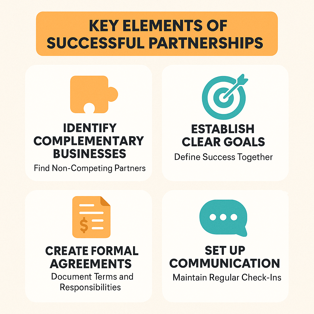 Key elements for building strategic partnerships include identifying complementary businesses, establishing goals, creating agreements, and communication.