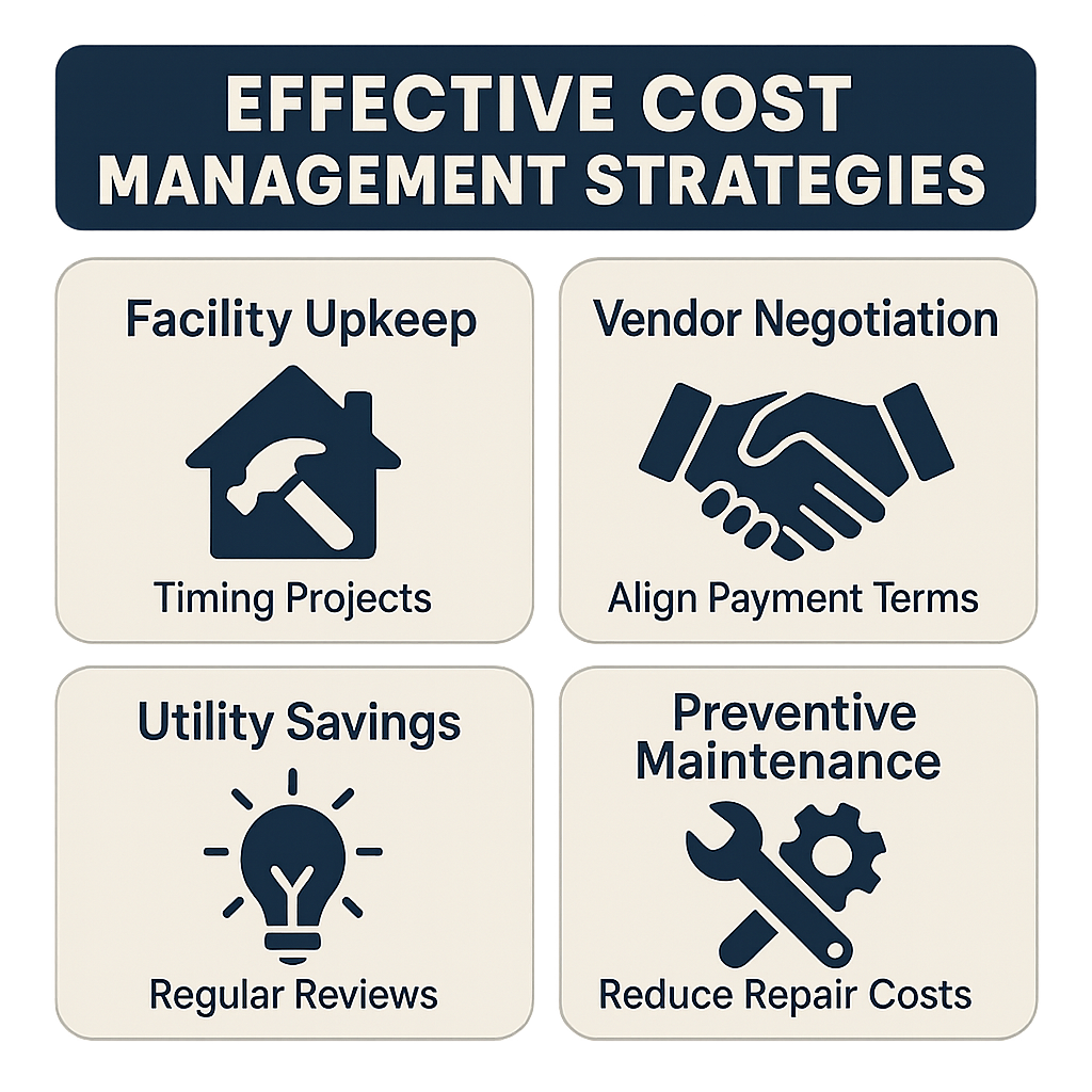 Cost control strategies for educational institutions including timing projects, vendor negotiations, utility savings, and maintenance.