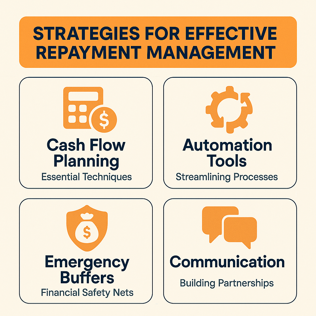 Key strategies for managing repayments include cash flow planning, automation tools, emergency buffers, and effective communication.