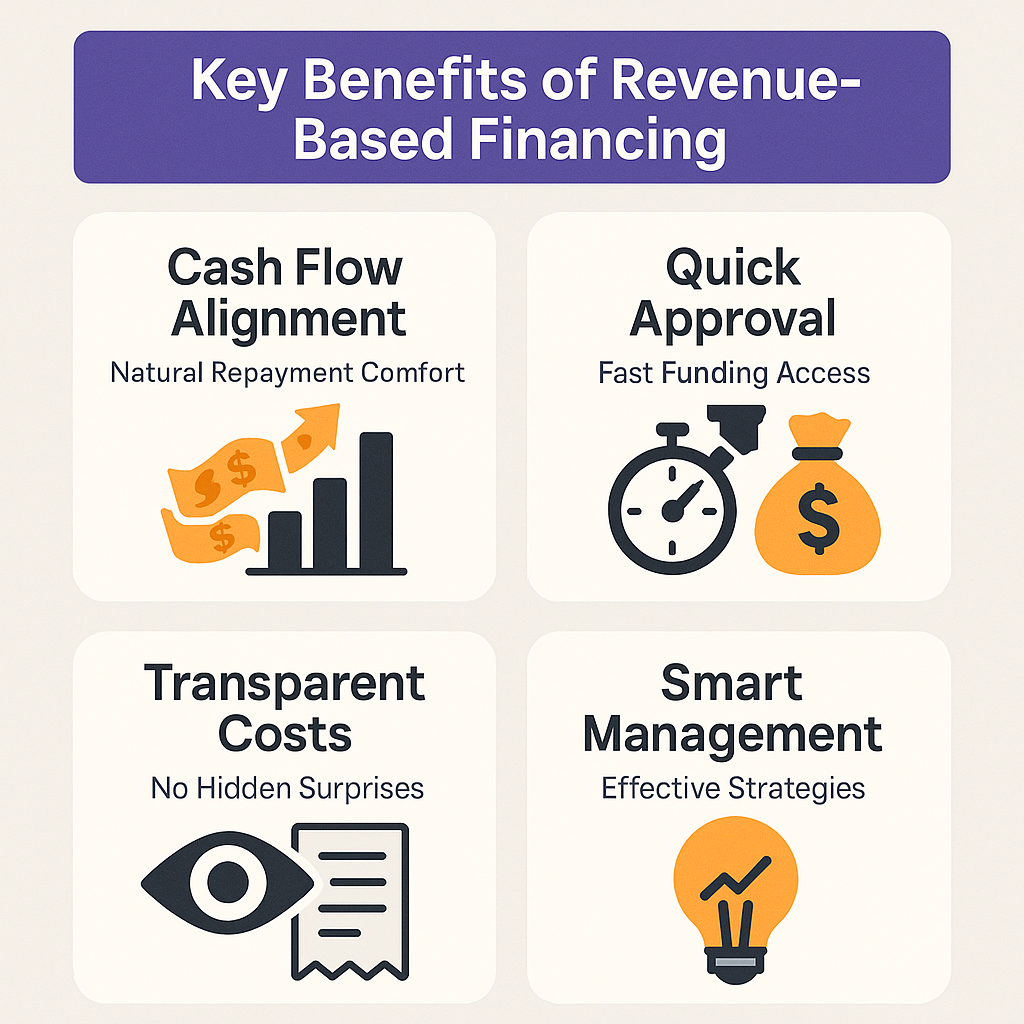 Key benefits of revenue-based financing include cash flow alignment, quick approval, transparent costs, and smart management strategies.