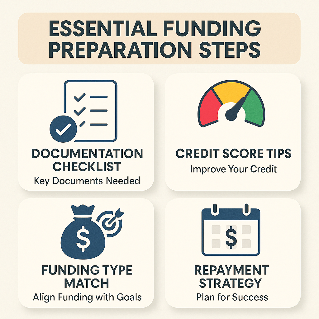 Key documents for funding, credit score tips, matching funding types to goals, and planning repayment strategies.
