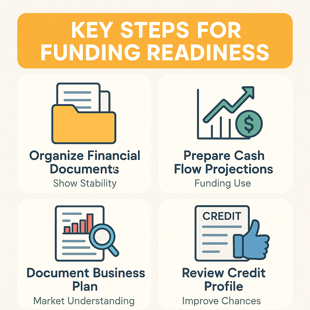 Key steps for achieving funding readiness include organizing documents, preparing projections, documenting plans, and reviewing credit.