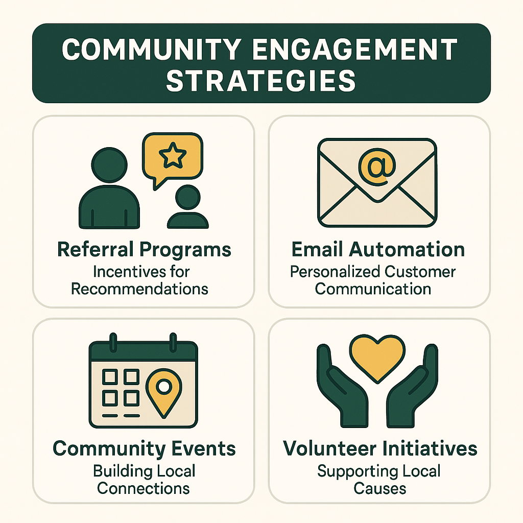 Referral Programs, Email Automation, Community Events, and Volunteer Initiatives enhance local business engagement strategies.