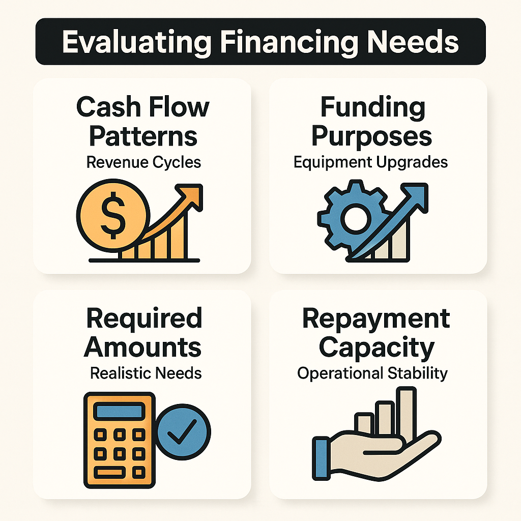 Key steps for evaluating financing needs include assessing cash flow patterns, identifying funding purposes, calculating amounts, and repayment capacity.
