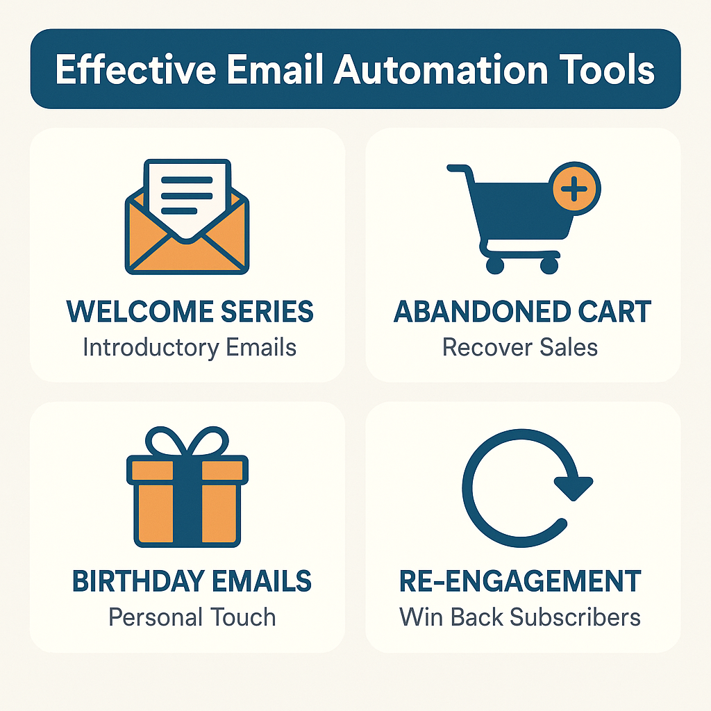 Key email automation tools include Welcome Series, Abandoned Cart reminders, Birthday Emails, and Re-engagement campaigns.