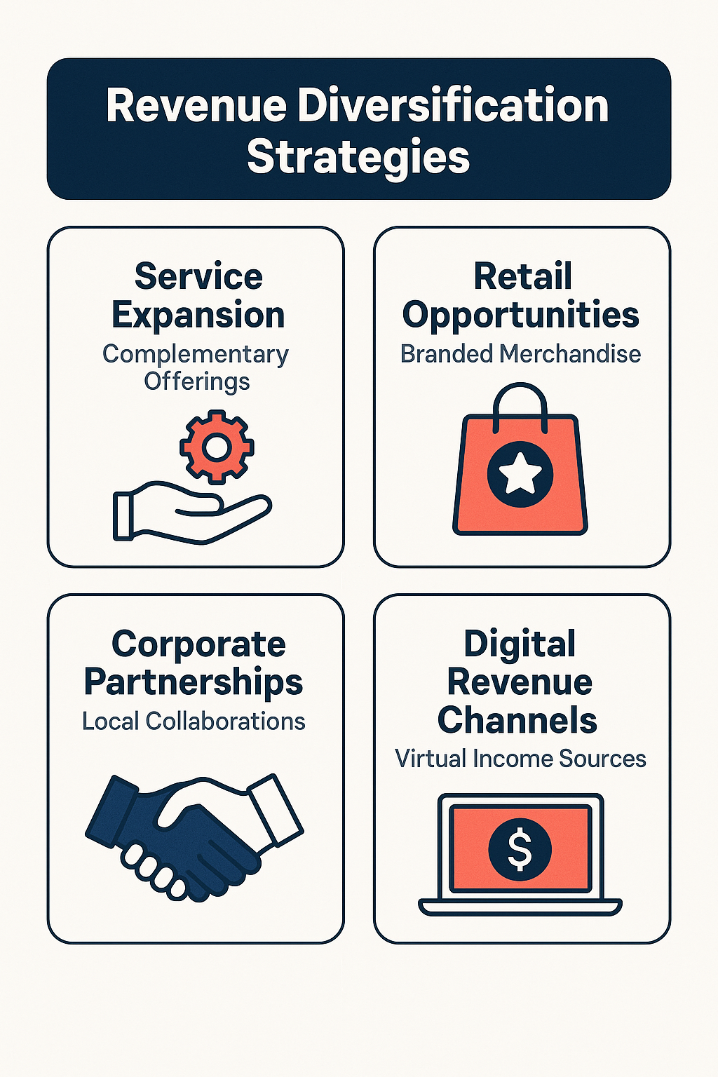 Explore revenue diversification strategies including service expansion, retail opportunities, corporate partnerships, and digital channels.