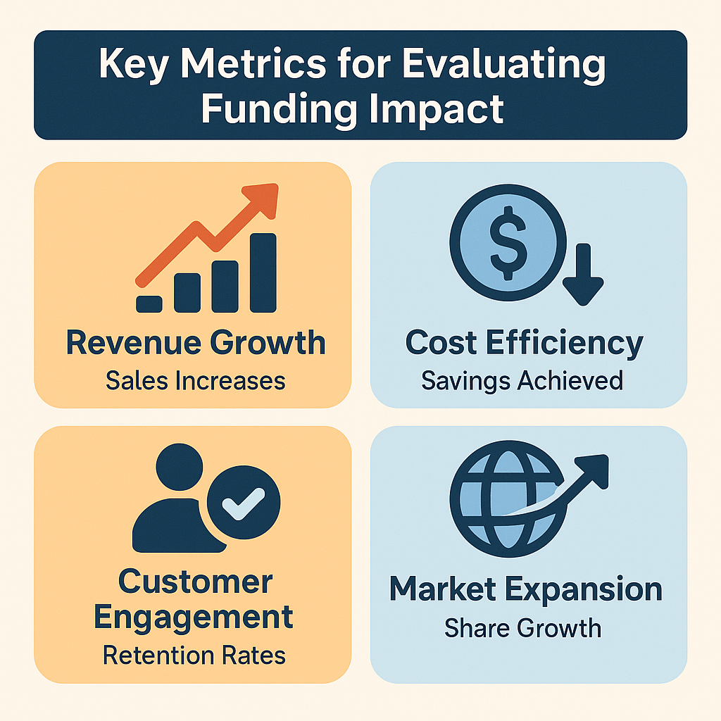 Key metrics for evaluating funding impact include revenue growth, cost efficiency, customer engagement, and market expansion.