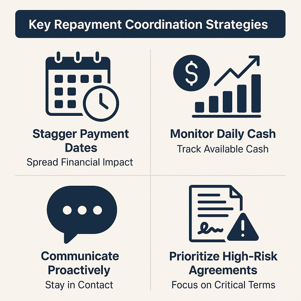 Repayment coordination strategies include staggering payment dates, monitoring cash, proactive communication, and prioritizing high-risk agreements.