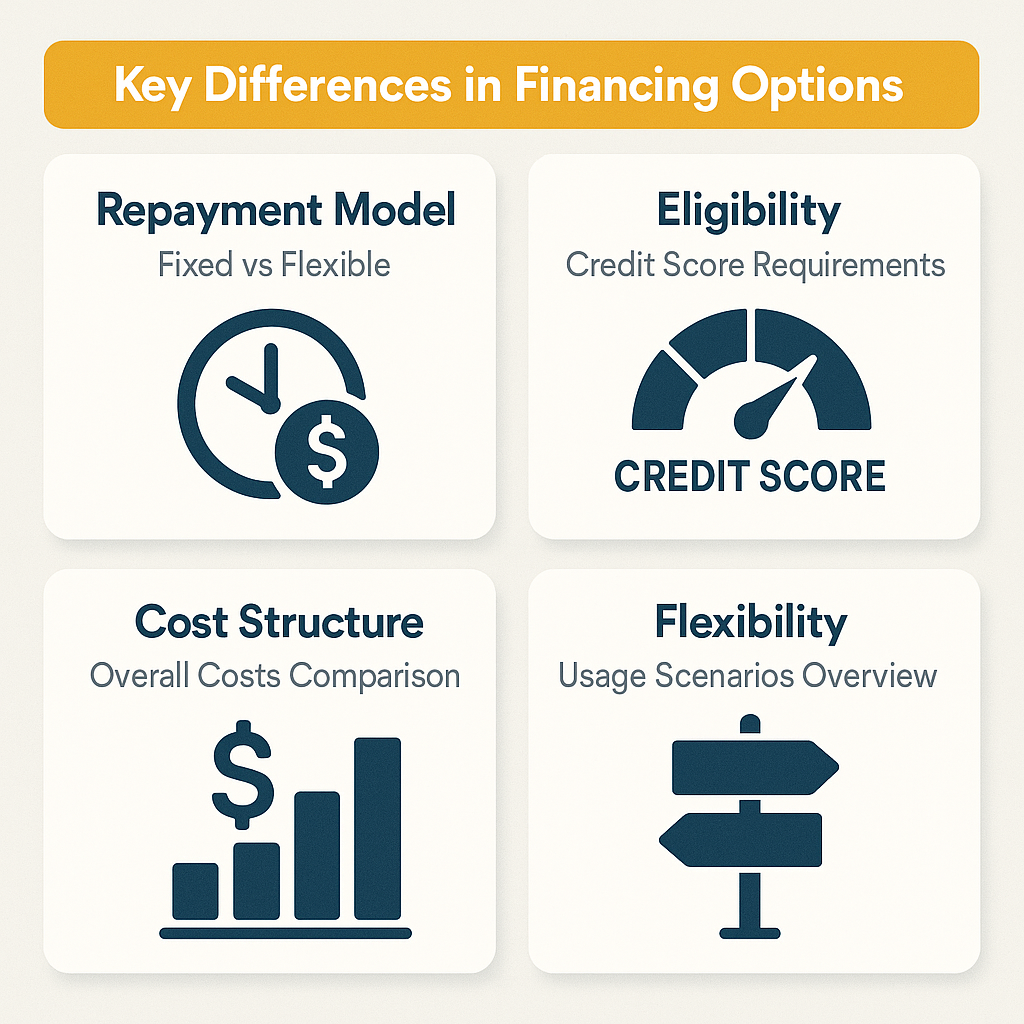 Comparison of repayment models, eligibility requirements, cost structures, and flexibility between merchant cash advances and business lines of credit.