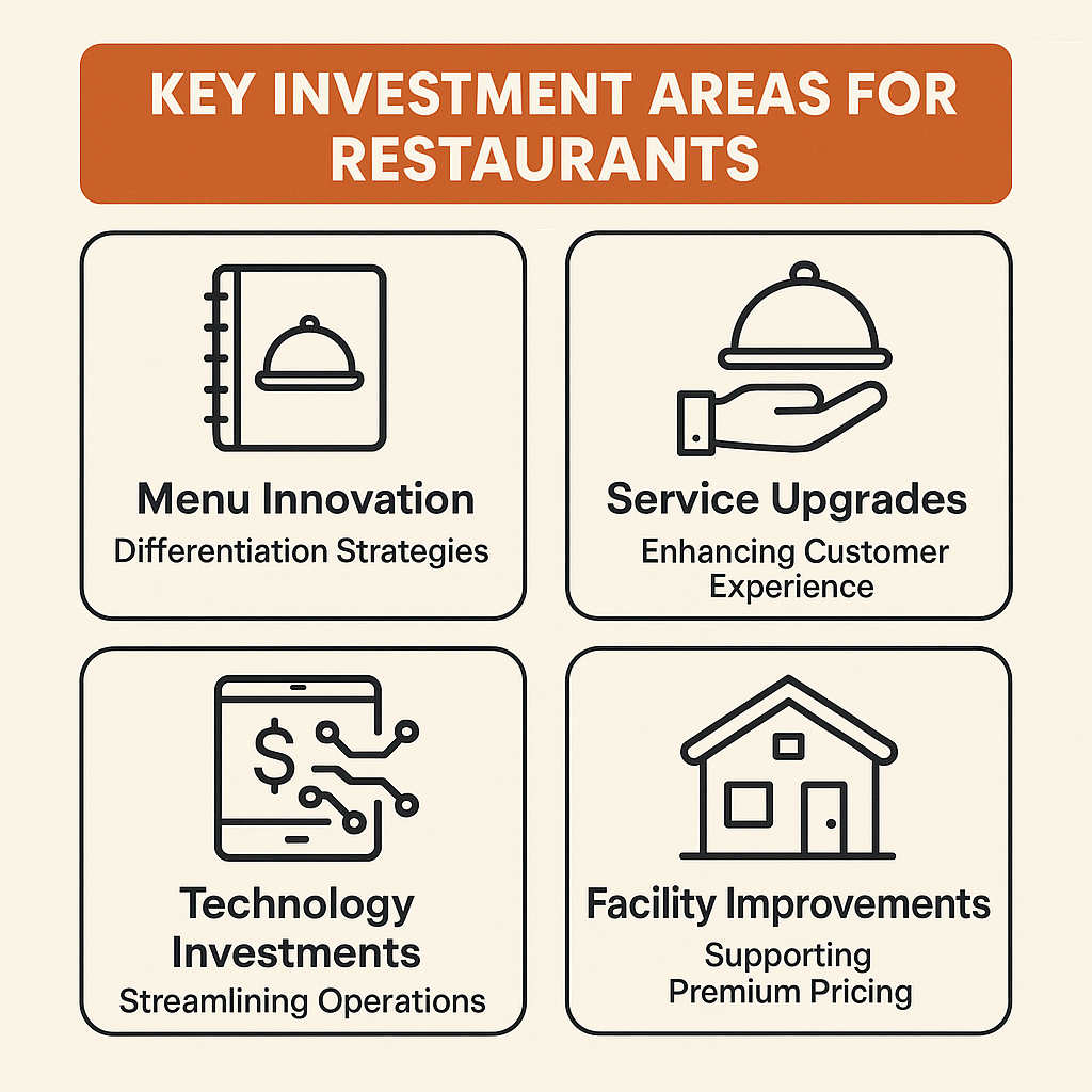 Key investment areas for upscale restaurants include menu innovation, service upgrades, technology investments, and facility improvements.