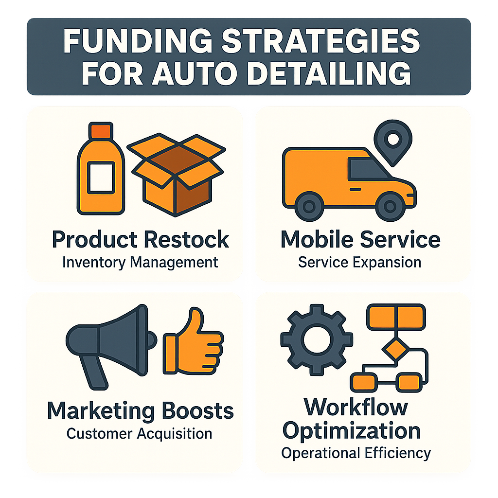 Key funding strategies for auto detailing include product restock, mobile service setup, marketing boosts, and workflow optimization.