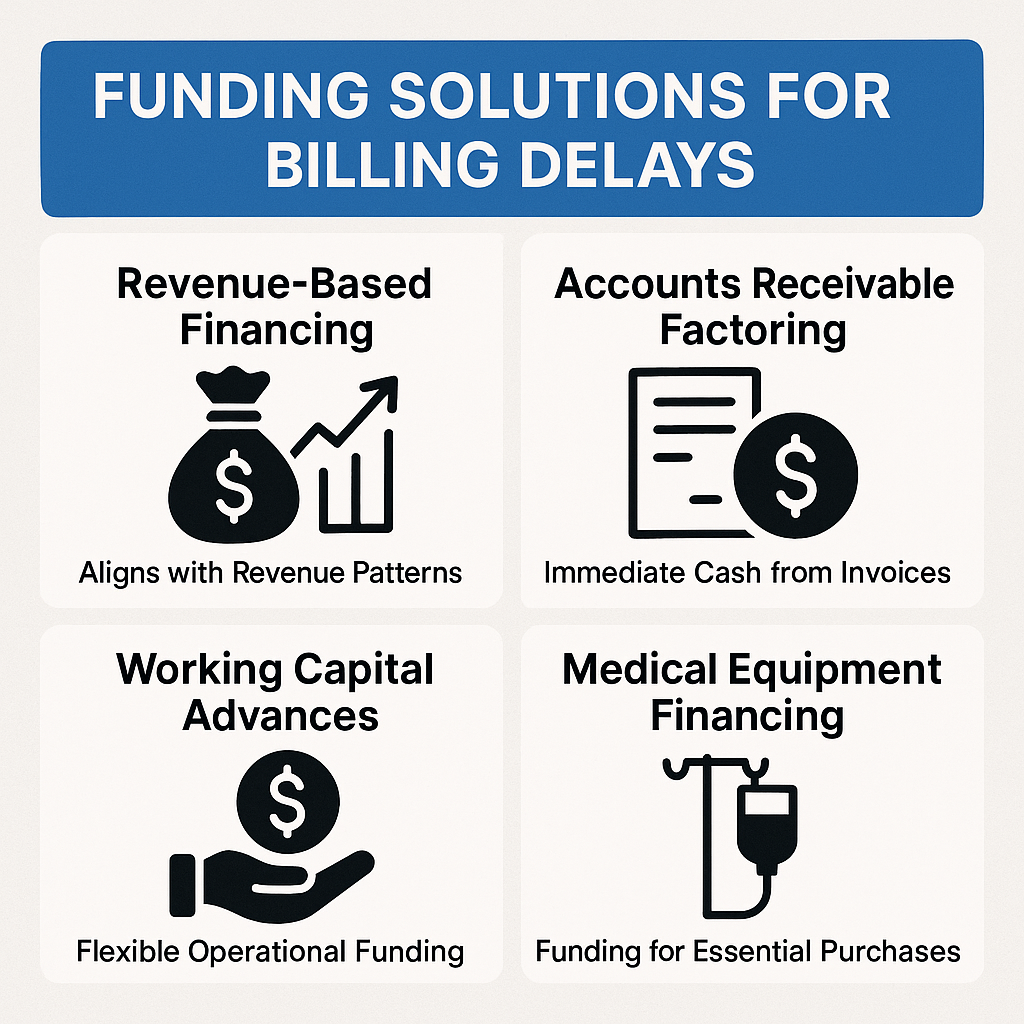 Funding options for clinics facing billing delays include revenue-based financing, factoring, working capital advances, and equipment financing.