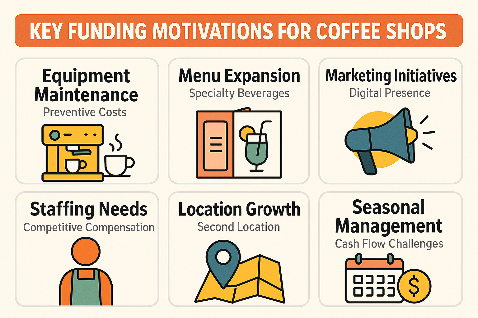 Key reasons coffee shops seek funding include equipment maintenance, menu expansion, marketing initiatives, staffing needs, location growth, and seasonal management.