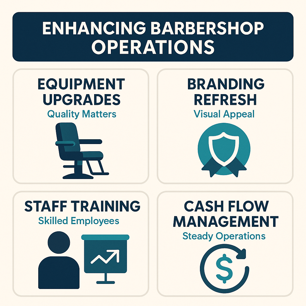 Key strategies for barbershops include equipment upgrades, branding refresh, staff training, and cash flow management.