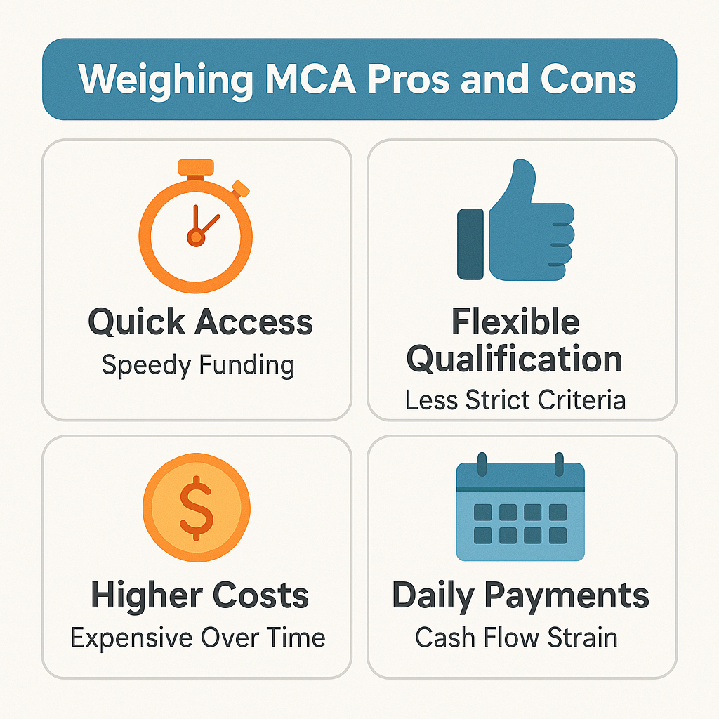 Overview of merchant cash advance benefits and drawbacks including quick access, flexible qualification, higher costs, and daily payments.