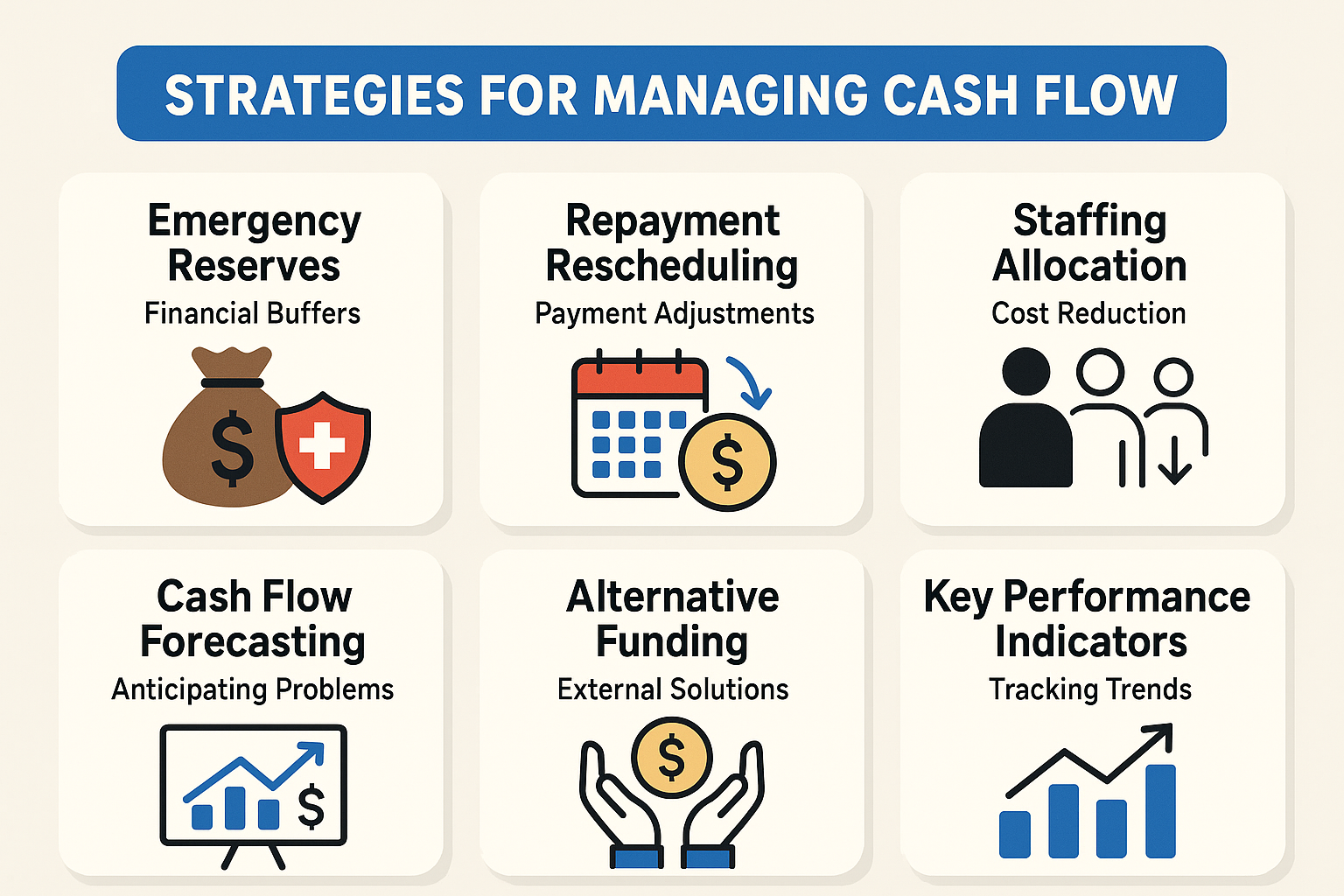Strategies for managing cash flow include Emergency Reserves, Repayment Rescheduling, Staffing Allocation, Cash Flow Forecasting, Alternative Funding, and Key Performance Indicators.