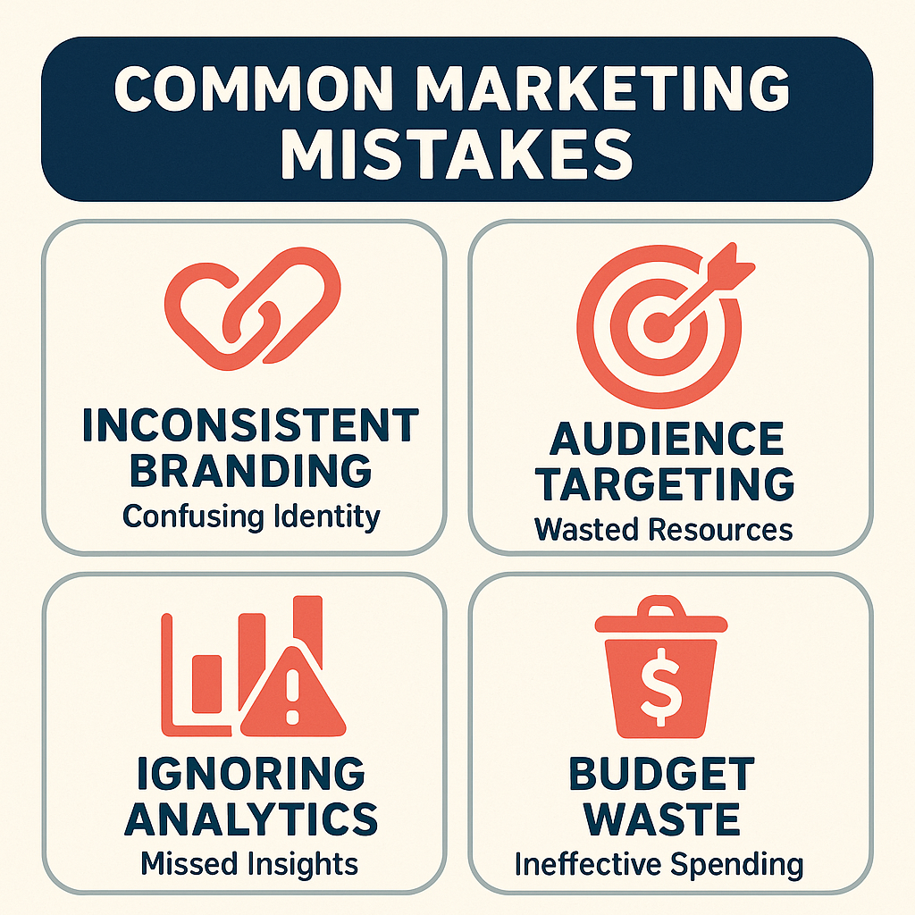 Visualizing common marketing mistakes like inconsistent branding, audience targeting failures, ignoring analytics, and budget waste.