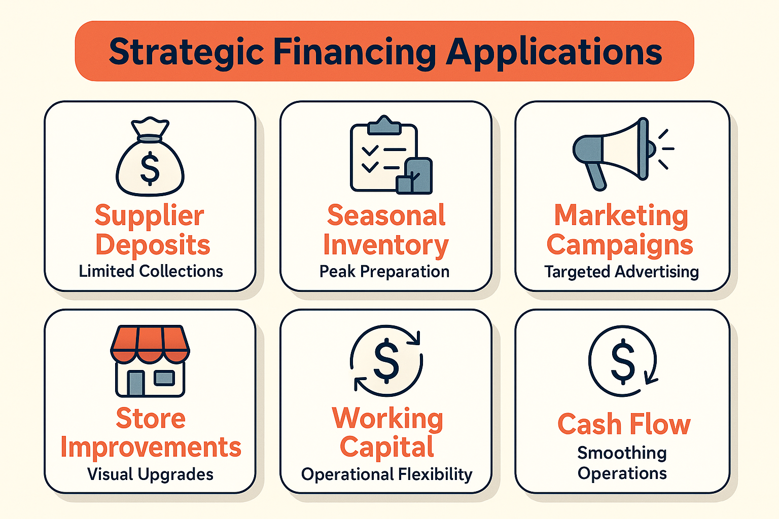 Key applications of revenue-based financing include supplier deposits, seasonal inventory, marketing campaigns, and store improvements.