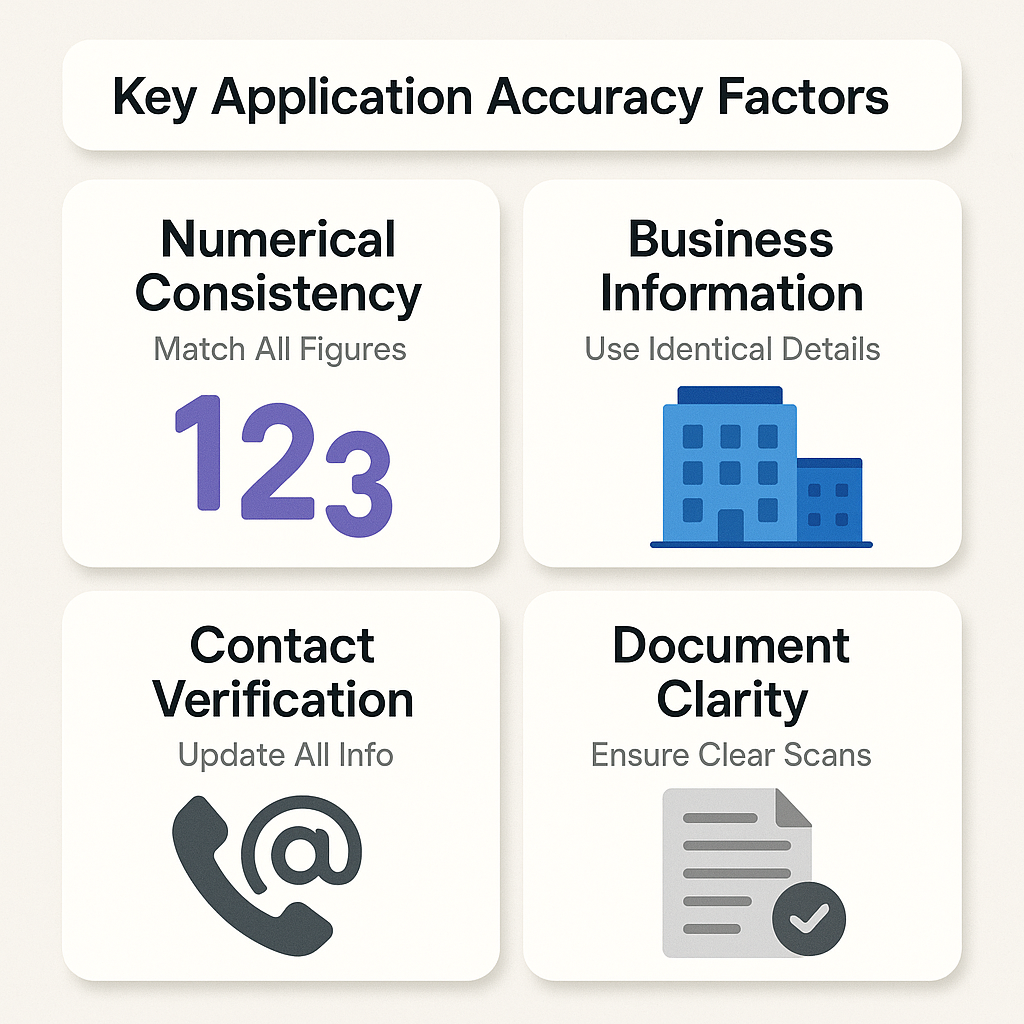 Key factors for application accuracy include numerical consistency, business information, contact verification, and document clarity.