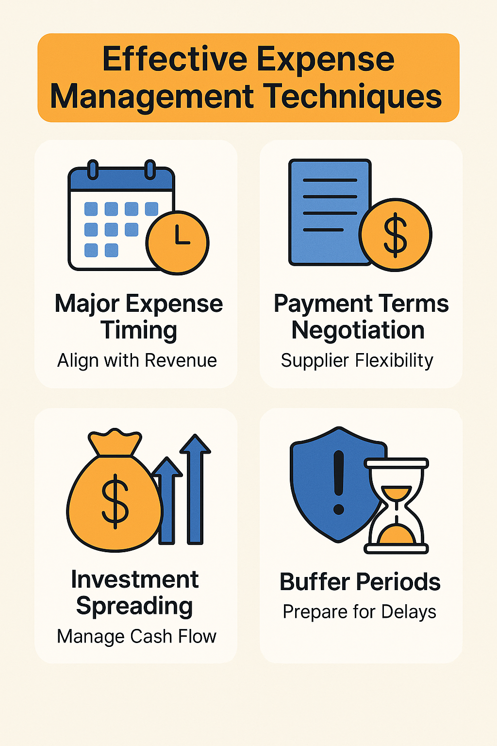 Techniques for managing expenses include timing major expenses, negotiating payment terms, spreading investments, and building buffer periods.