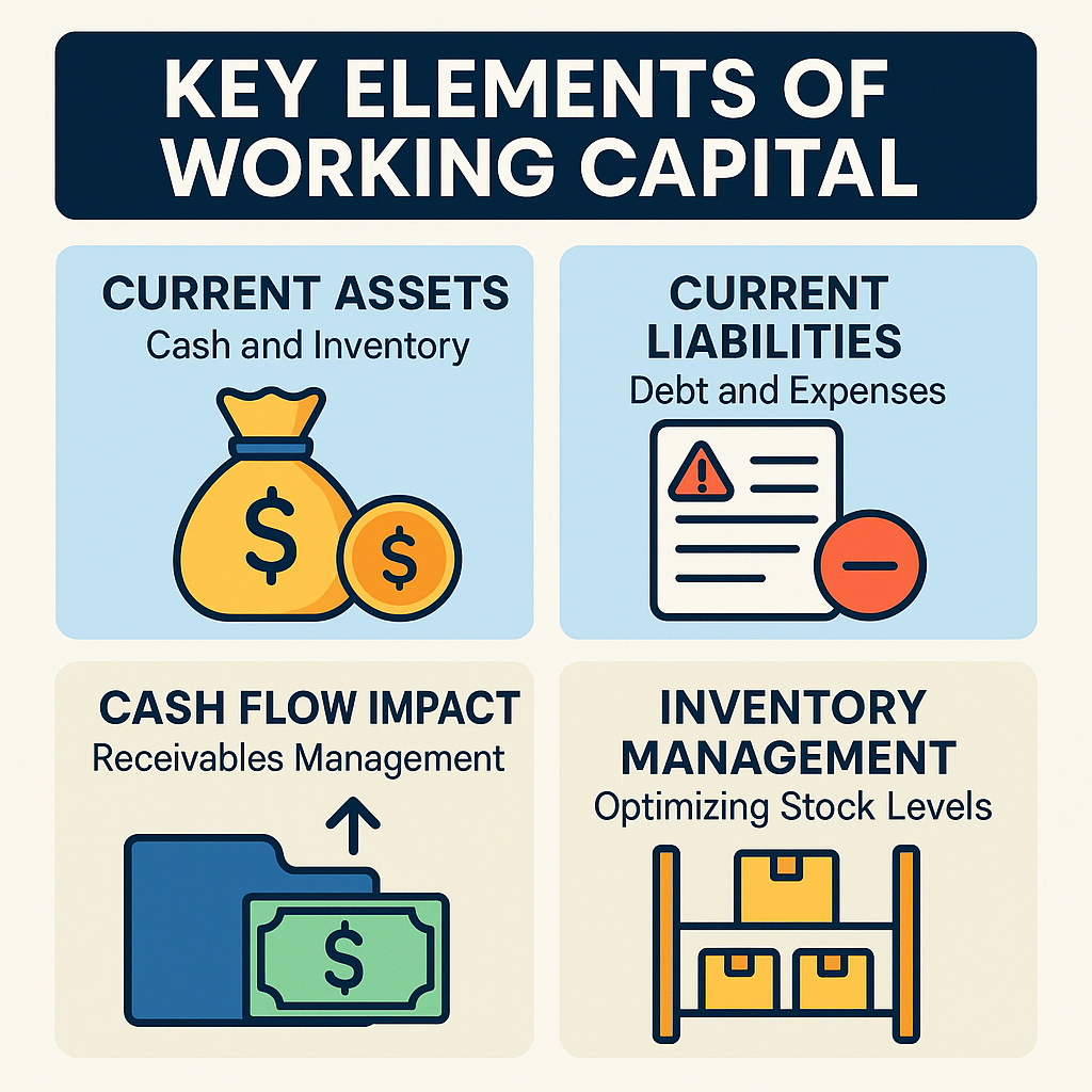 Key components of working capital including current assets, current liabilities, cash flow impact, and inventory management.