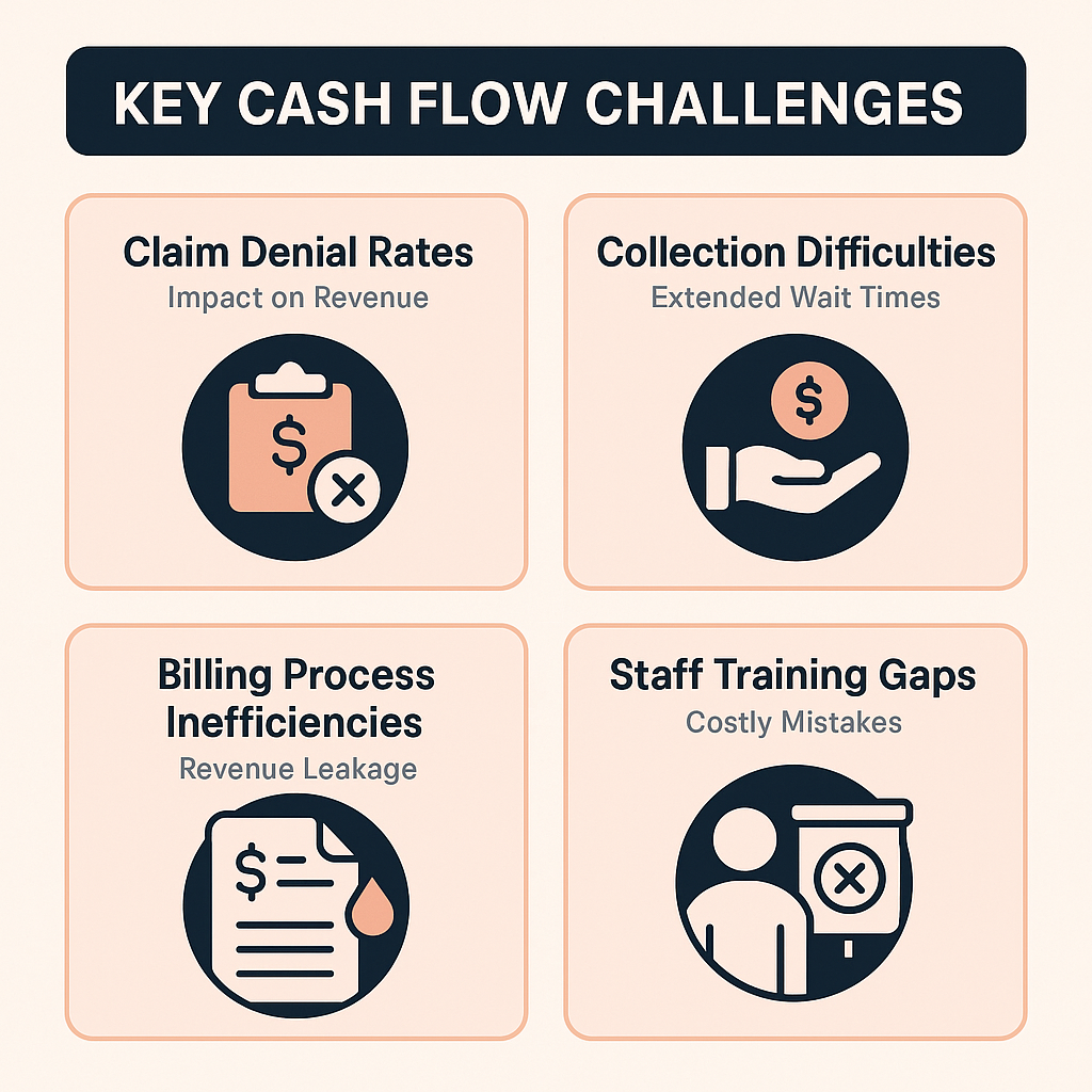 Key cash flow challenges include claim denial rates, collection difficulties, billing inefficiencies, and staff training gaps.
