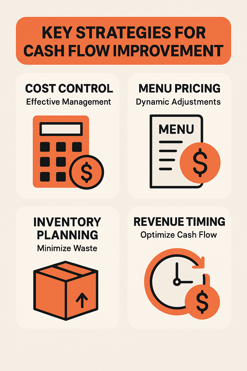 Key strategies for improving restaurant cash flow include cost control, dynamic menu pricing, inventory planning, and revenue timing.