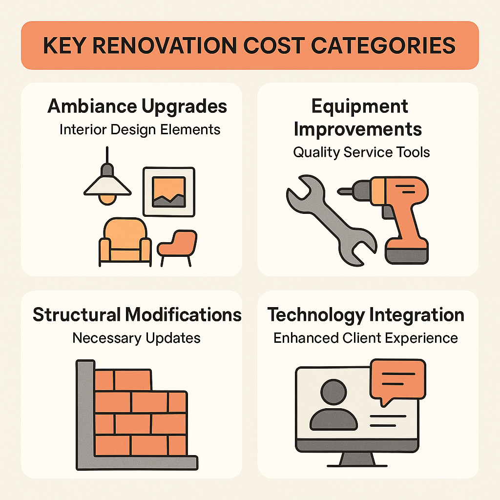 Key renovation cost categories include ambiance upgrades, equipment improvements, structural modifications, and technology integration.