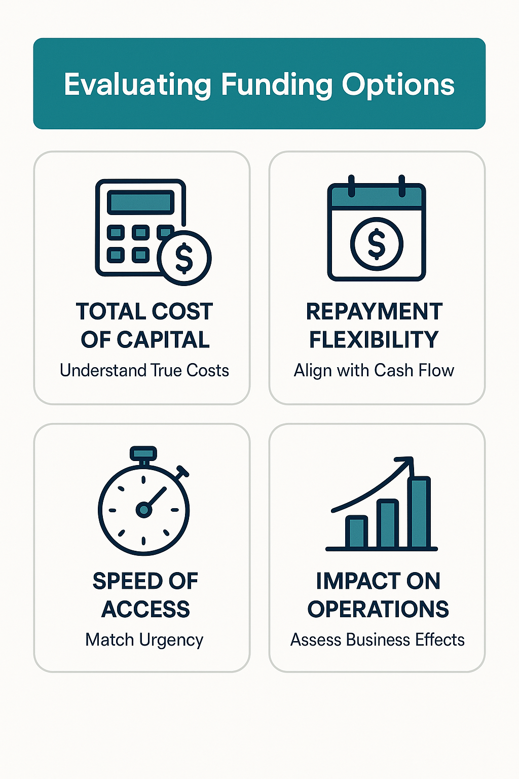 Evaluate funding options by analyzing total cost, repayment flexibility, access speed, and impact on operations.