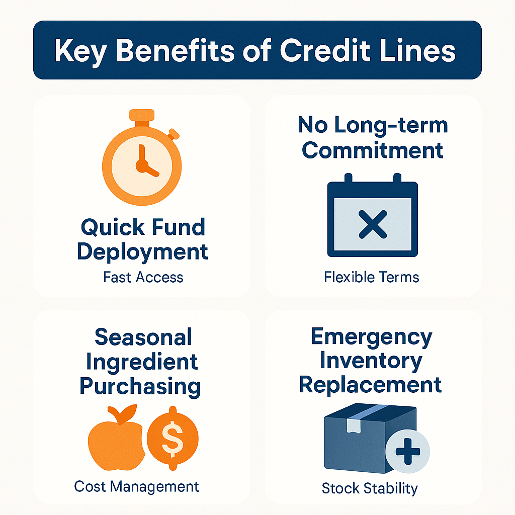 Key benefits of credit lines for restaurants include quick fund deployment, flexible terms, cost management, and stock stability.