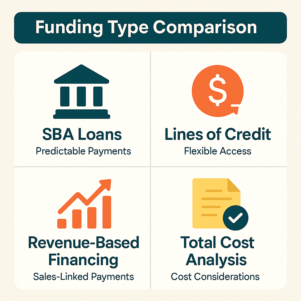 Comparison of SBA loans, lines of credit, and revenue-based financing focusing on payment structures, costs, and use cases.